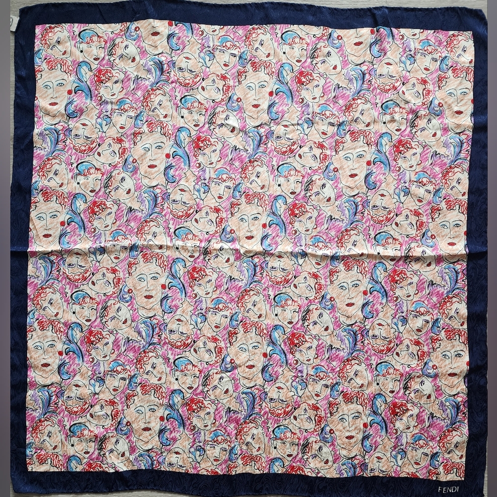 Auth Fendi Multicolor Artistic Face Silk Scarf